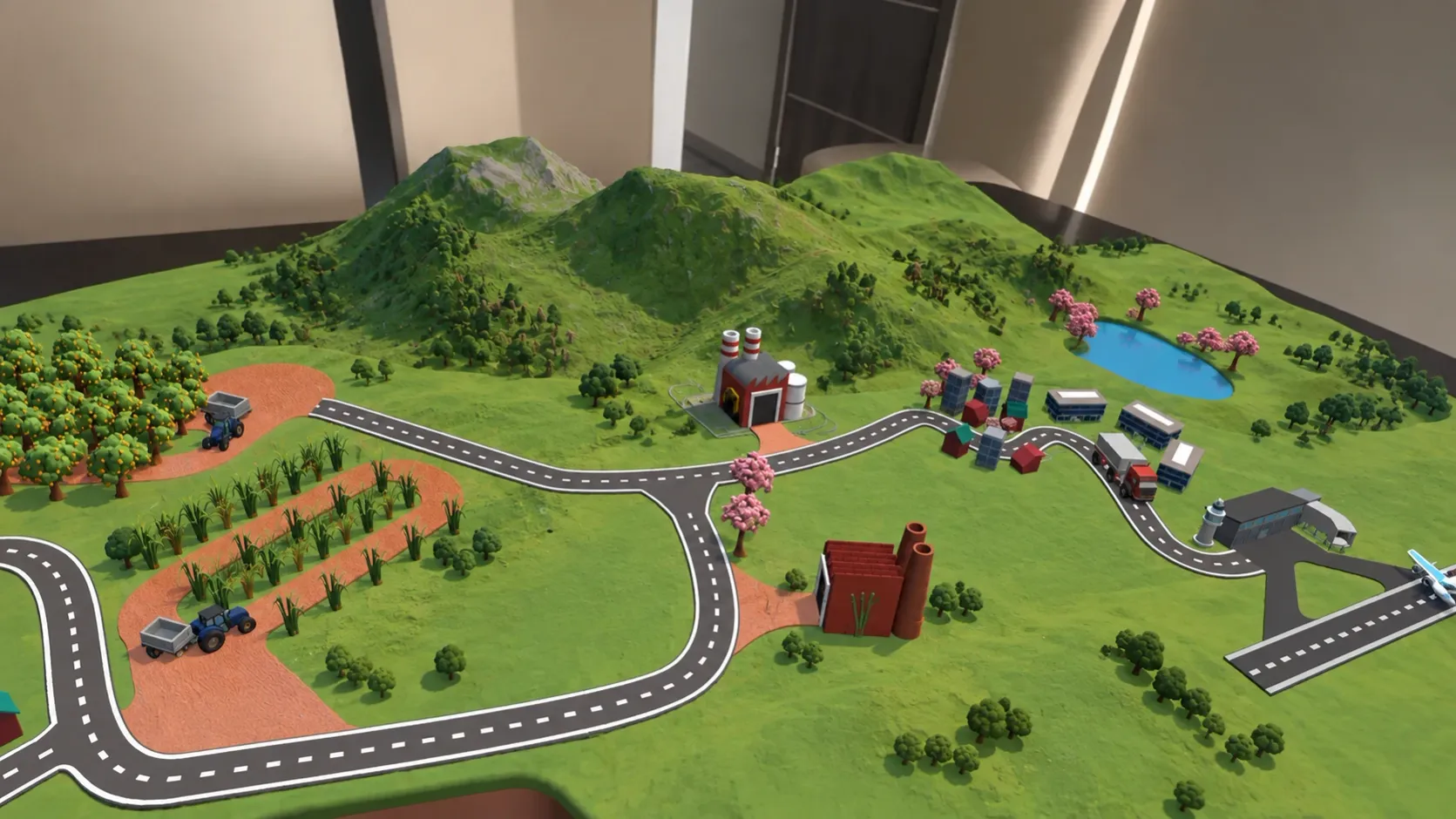 Simulación 3D interactiva de Tucumán vista a través de Realidad Mixta, con montañas, cultivos, industria y rutas